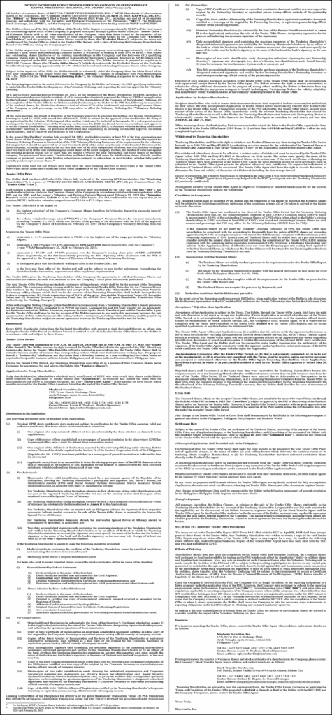 Delisting Tender Offer Announcement for Common Shareholders of Keppel Philippines Holdings, Inc.
